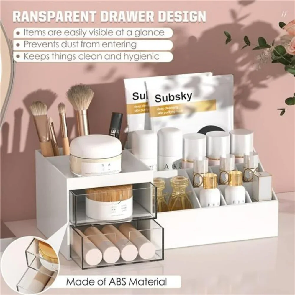 White makeup organizer with drawers countertop storage for vanity bathroom